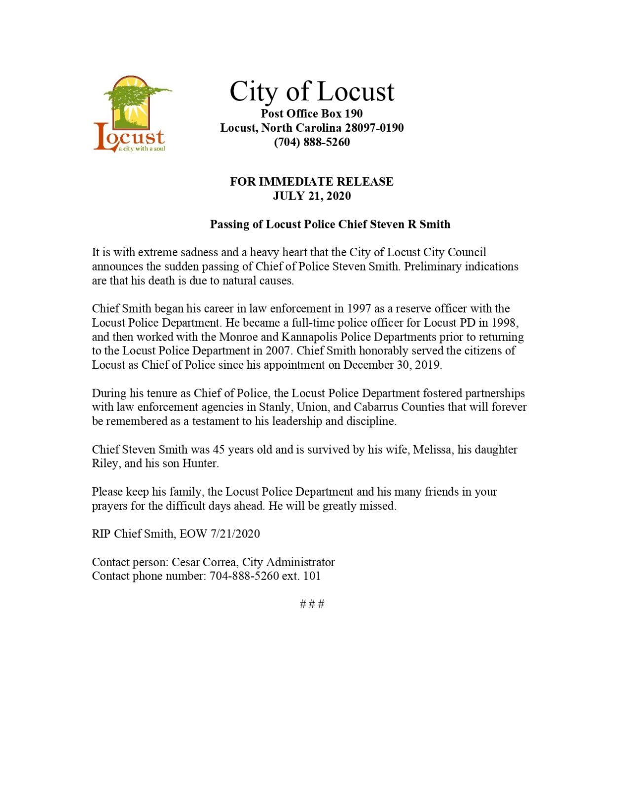 Chief Smith Locust Statement